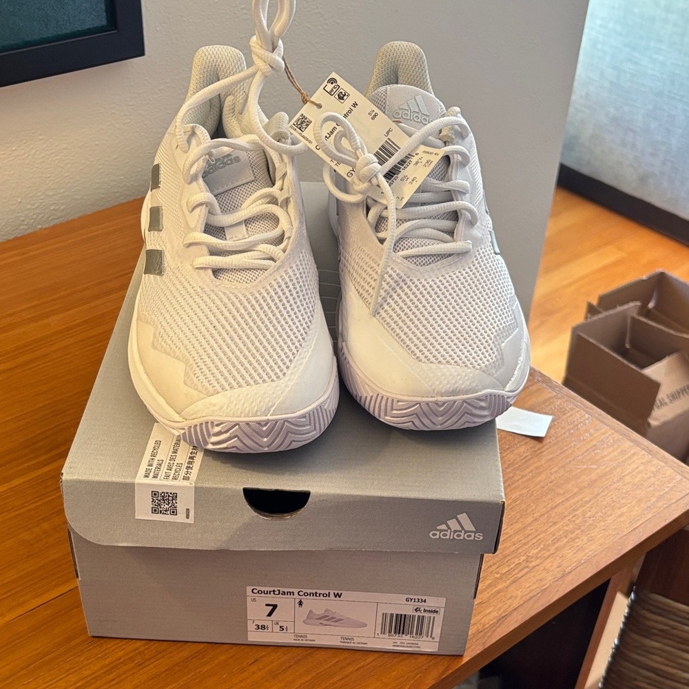 Adidas Women’s CourtJam Control White and Gray Sneakers